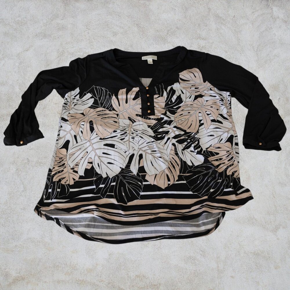 Dana Buchman Floral Palm w/ Stripes Women's Blouse w/Gold Buttons